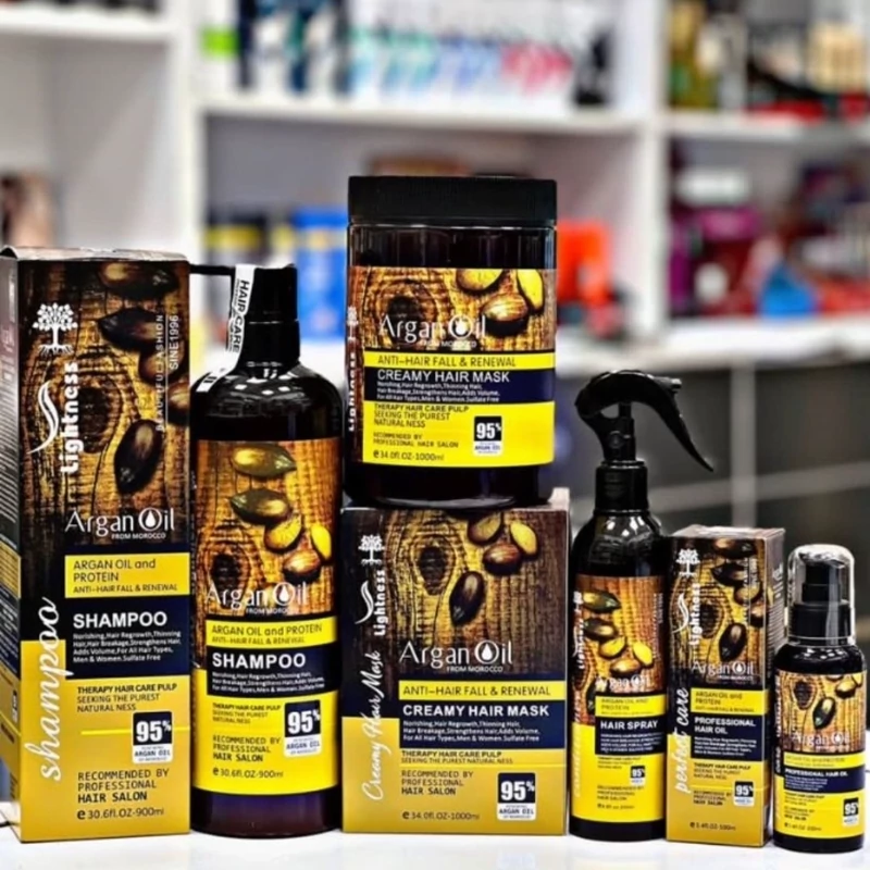 پک پنج تایی شامپو ماسک و روغن آرگان و سرم دوفاز و ماسک بعد حمام لایتنس اصلی ساخت اسلواکی